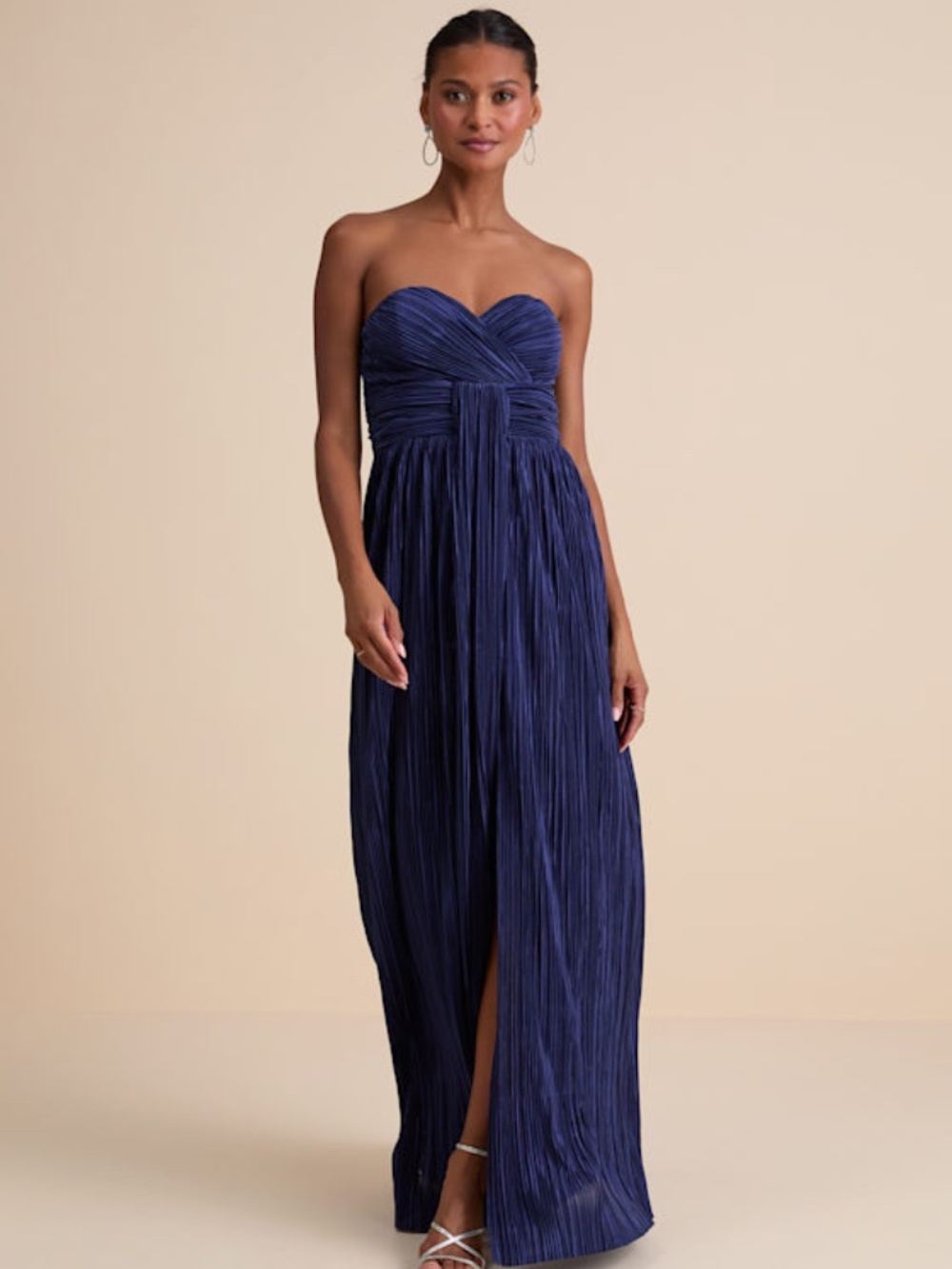 Lulus Oswin Navy Satin Plisse Strapless Maxi Dress Blue - Size M